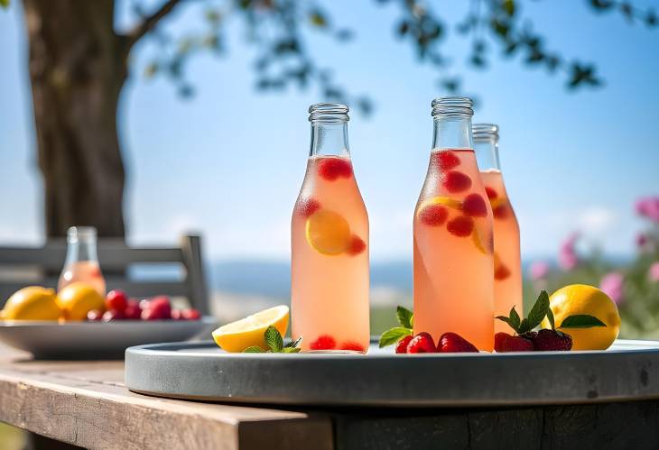 Refreshing Berry Lemonade Vibrant Bottles on an Outdoor Table